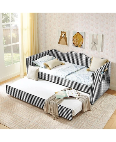 Streamdale Furniture Gingham Upholstered Twin Daybed with Trundle and Side Storage Pocket