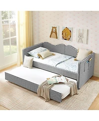 Streamdale Furniture Gingham Upholstered Twin Daybed with Trundle and Side Storage Pocket