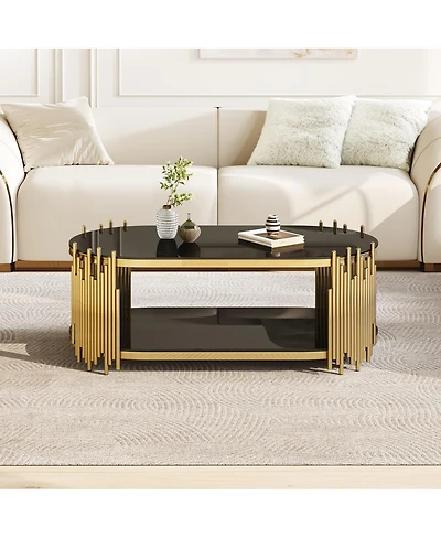 Streamdale Furniture Luxury Gold and Black Glass Oval Coffee Table with Organ Pipe Design