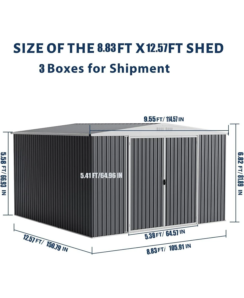 gaomon 9x12 Shed for Outdoor Storage, Galvanized Steel Metal Tool Sheds House with Lockable Doors, Lock and Air Vent