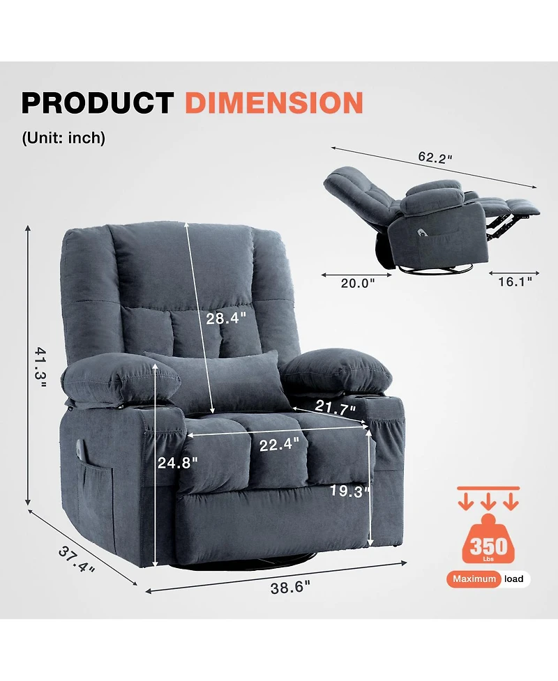 Streamdale Furniture Massage Swivel Rocker Recliner with Heat, Vibration