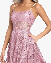 Blondie Nites Juniors' Sparkling Square Neck Fit-And-Flare Mini Dress