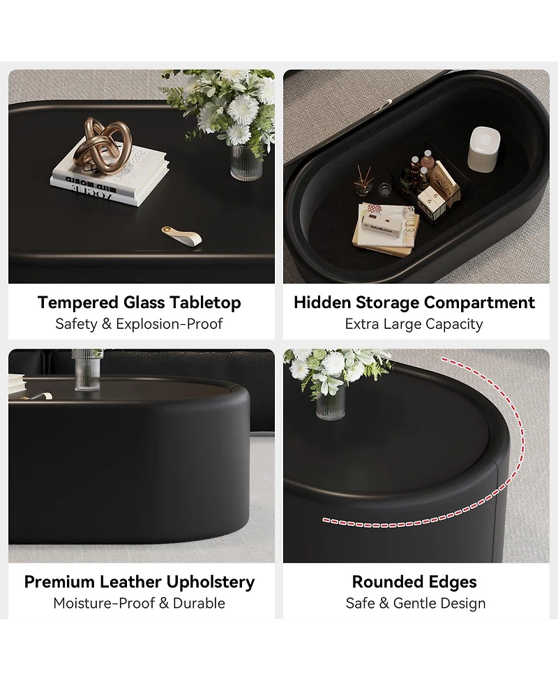 Streamdale Furniture 33.46" Oval Hidden Storage Coffee Table with Tempered Glass and Leather Top