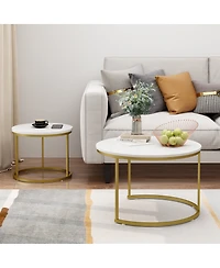 Streamdale Furniture 27.6in Round Nesting Coffee Table Set of 2, Wood Marble Top with Metal Frame
