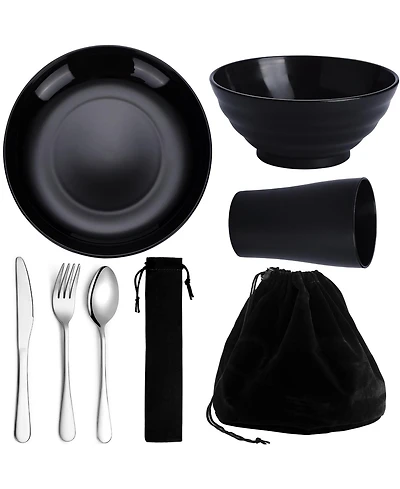 Piscifun Portable Camping Travelware Set Plastic Plates Cups Stainless Steel Cutlery Mess Kit