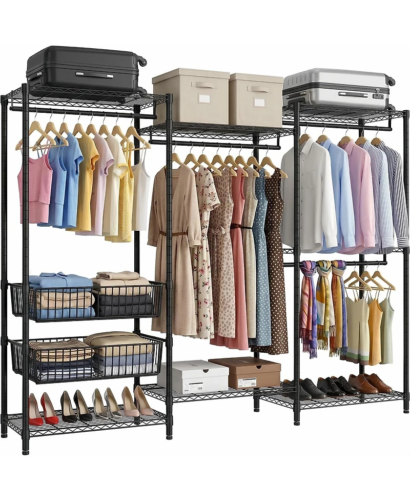 Streamdale Furniture Heavy Duty 4-Rod Freestanding Garment Rack with Shelves and Baskets