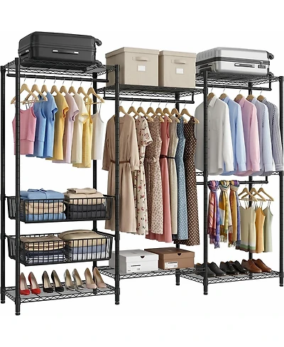 Streamdale Furniture Heavy Duty 4-Rod Freestanding Garment Rack with Shelves and Baskets