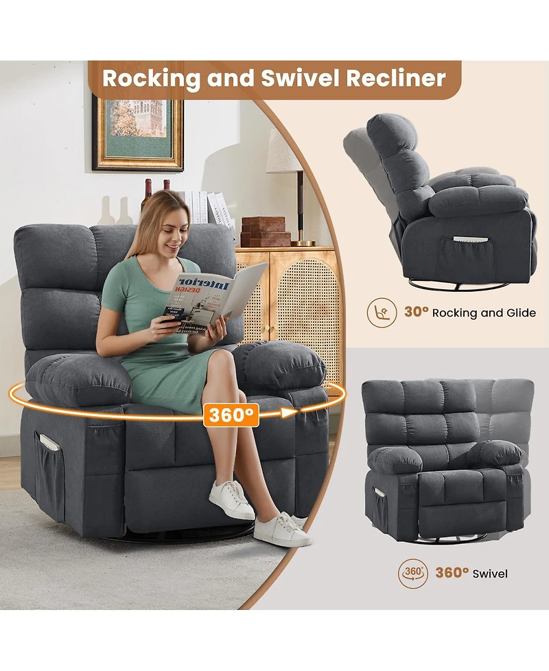Streamdale Furniture 360 Swivel Rocker Recliner Chair with Side Pockets for Living Room