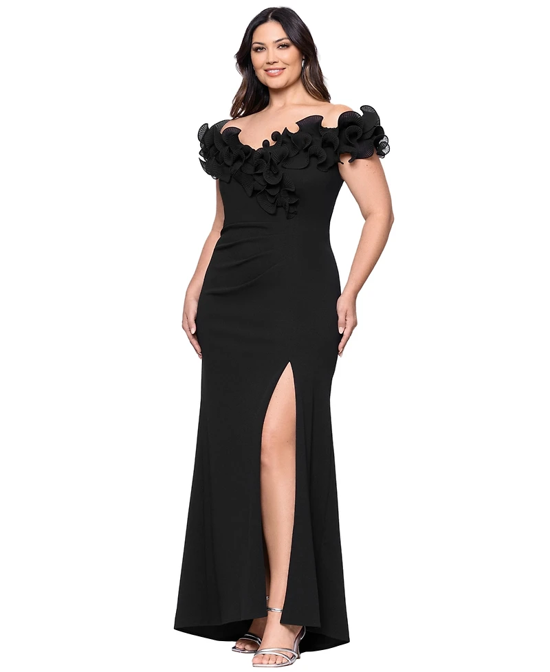Xscape Plus Ruffled Side-Slit Evening Gown