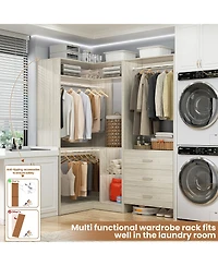 Aheaplus 57-In Corner Closet System Set with Wood Drawers and Hanging Rods