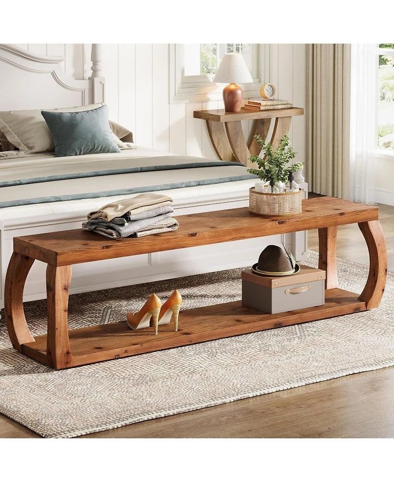 Slickblue 59" Solid Wood Entryway Bench with 2-Tier Shoe Storage