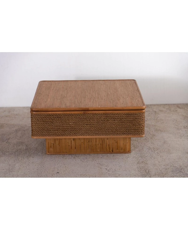 Streamdale Furniture 31.52" Square Rattan and Hemp Rope Coffee Table with Adjustable Storage