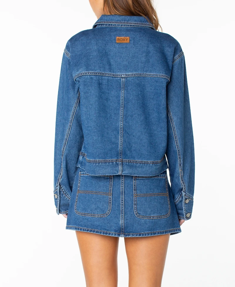 Roxy Women's Reel Life Cropped Oversized-Pocket Denim Jacket