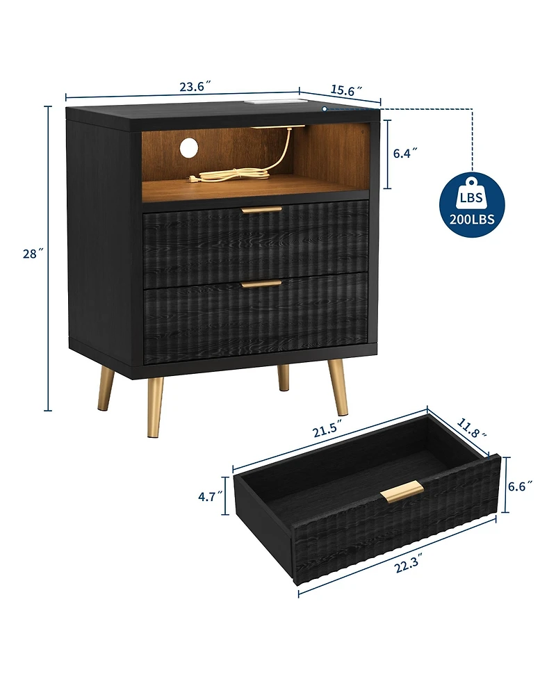 homfan 2 Drawer Dresser, 23.6" Wooden Cabinet with Led and Charging, Fluted Nightstand Handle, Modern Storage for Closet, Living Room, Hallway