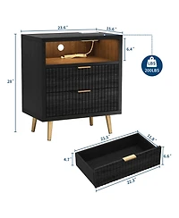 homfan 2 Drawer Dresser, 23.6" Wooden Cabinet with Led and Charging, Fluted Nightstand Handle, Modern Storage for Closet, Living Room, Hallway
