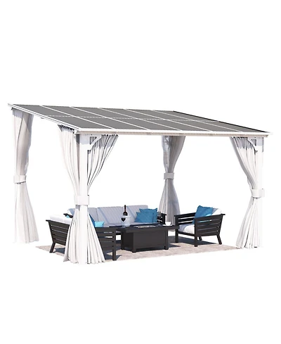 Aecojoy 10' x 10' Wall Mounted Hardtop Gazebo Lean to Metal Pergola with Curtains Netting Patio
