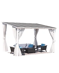 Aecojoy 10' x 10' Wall Mounted Hardtop Gazebo Lean to Metal Pergola with Curtains Netting Patio