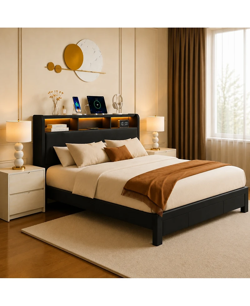 Streamdale Furniture Queen-Size Upholstered Storage Bed with Led, Usb, and Headboard