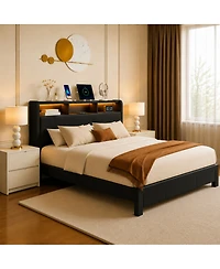 Streamdale Furniture Queen-Size Upholstered Storage Bed with Led, Usb, and Headboard