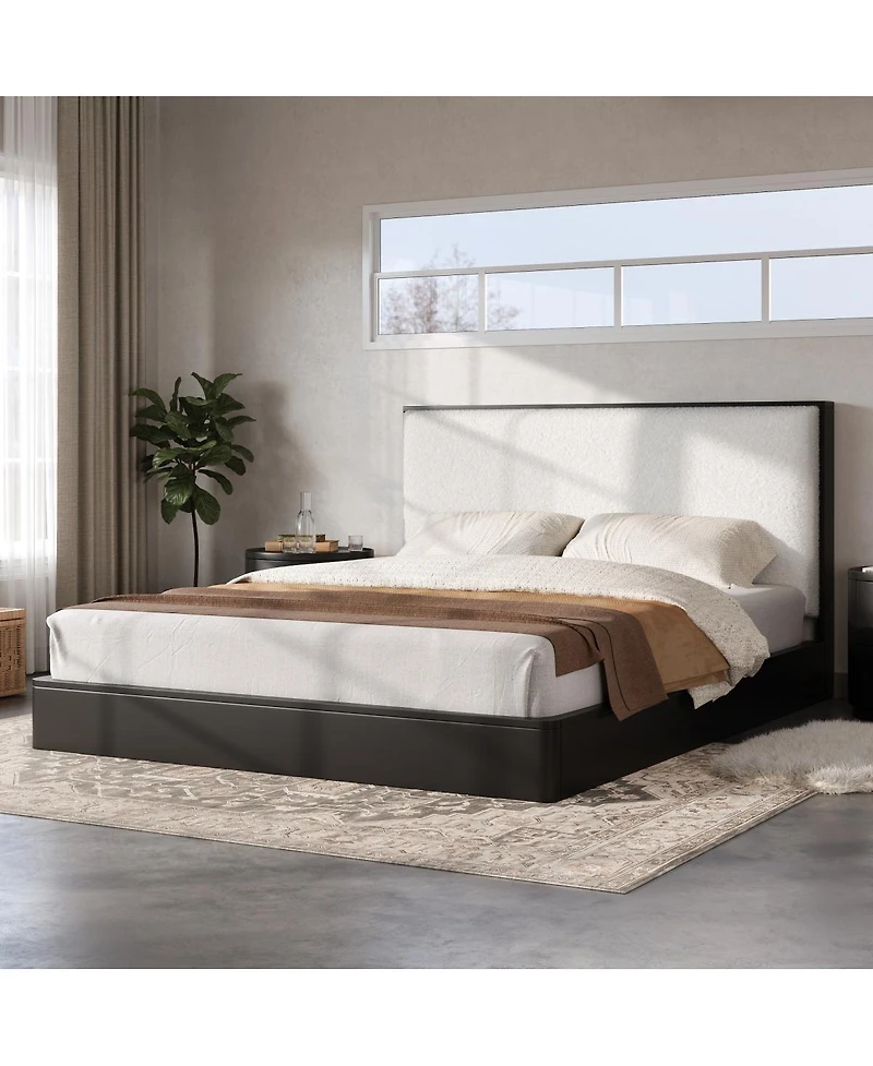 Streamdale Furniture Solid Wood Queen Platform Bed with Boucle Upholstered Headboard