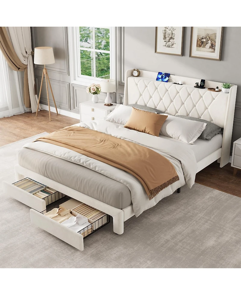 homfan Velvet Upholstered Platform Bed Frame with Crystal Tufted Headboard, 2 Storage Drawers, Built-in Charging, Slat Support