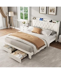 homfan Velvet Upholstered Platform Bed Frame with Crystal Tufted Headboard, 2 Storage Drawers, Built-in Charging, Slat Support