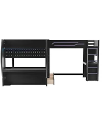 Streamdale Furniture L-Shaped 3-in-1 Full and Twin Gaming Bunk Bed with Desks, Storage and Led Lights