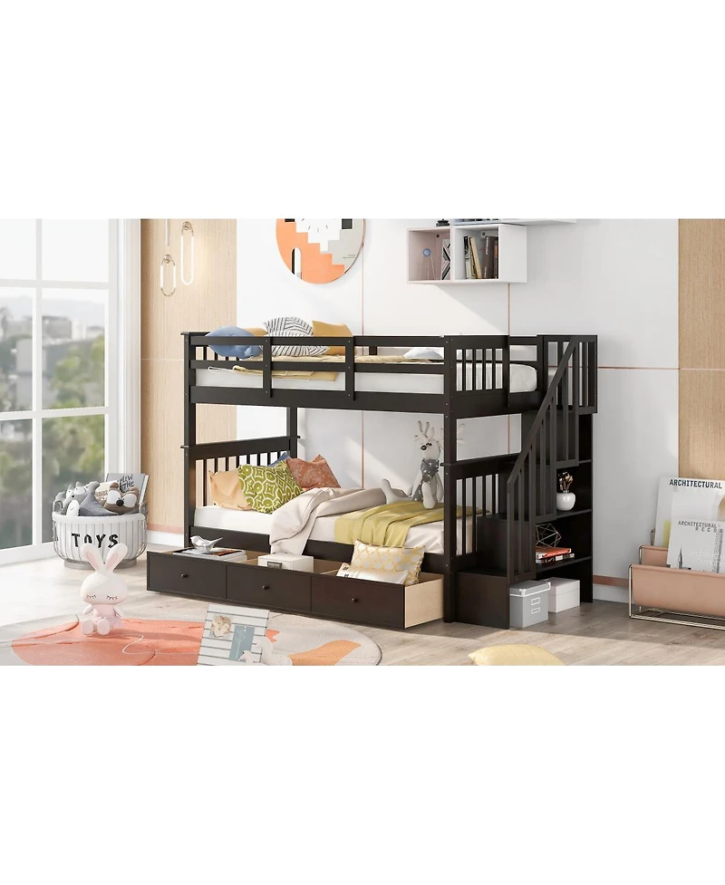 Streamdale Furniture Twin-Over-Twin Stairway Bunk Bed with Three Drawers - Espresso