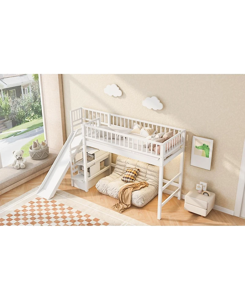 Streamdale Furniture Twin Size Loft Bed with Storage Staircase, Slide and Led Light
