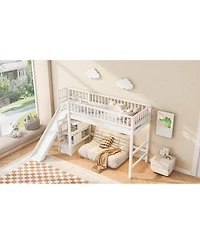 Streamdale Furniture Twin Size Loft Bed with Storage Staircase, Slide and Led Light