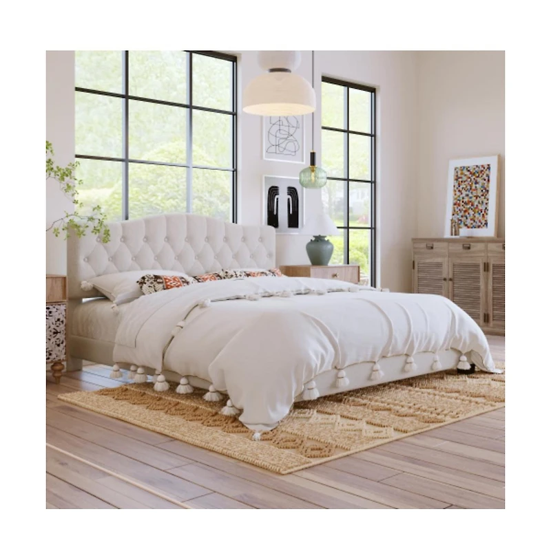 Lucky One King Size Upholstered Platform Bed with Adjustable Curved Headboard, Diamond Tufting, Wooden Slats, No Box Spring Needed