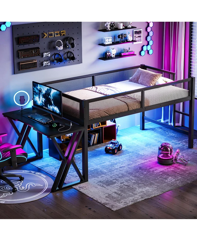 Streamdale Furniture Twin Xl Gaming Loft Bed with Desk, Led Lights, Usb Ports and Staircase