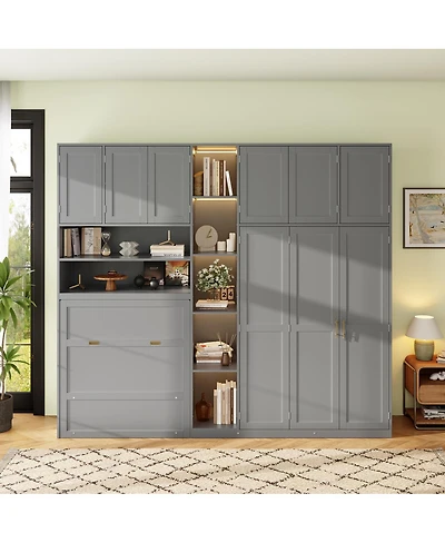 Streamdale Furniture Twin Murphy Cabinet Bed with Wardrobe, Storage Shelves and Led Lighting