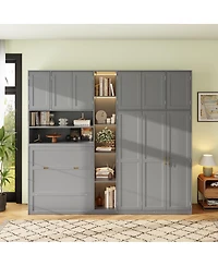 Streamdale Furniture Twin Murphy Cabinet Bed with Wardrobe, Storage Shelves and Led Lighting