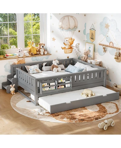 Streamdale Furniture Queen Bed with Bookshelves, Staircase, Safety Rails, and Trundle