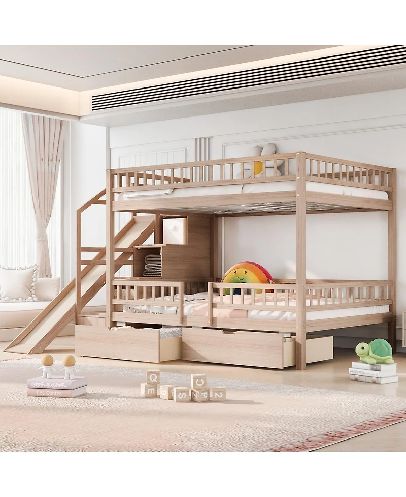 Streamdale Furniture Full over Full Bunk Bed with Storage Staircase, Slide and 2 Drawers