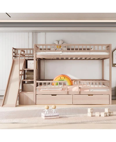 Streamdale Furniture Full over Full Bunk Bed with Storage Staircase, Slide and 2 Drawers