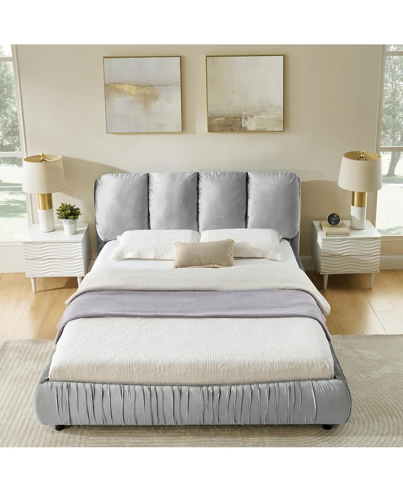 Streamdale Furniture Queen Size Upholstered Bed Frame with Segmented Velvet Headboard