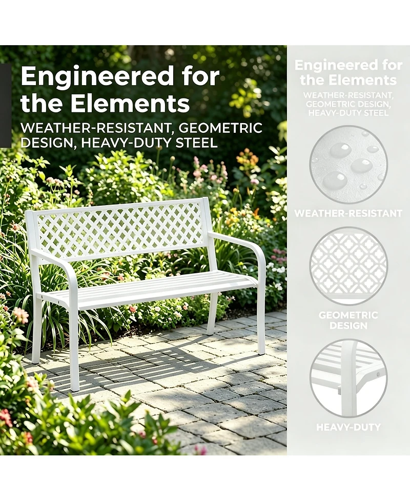 homfan 50" Heavy Duty Steel Patio Garden Bench for 2, Outdoor Chair,Weather Resistant, Durable Geometric Backrest, Ideal for Yard, Porch, Deck Seating