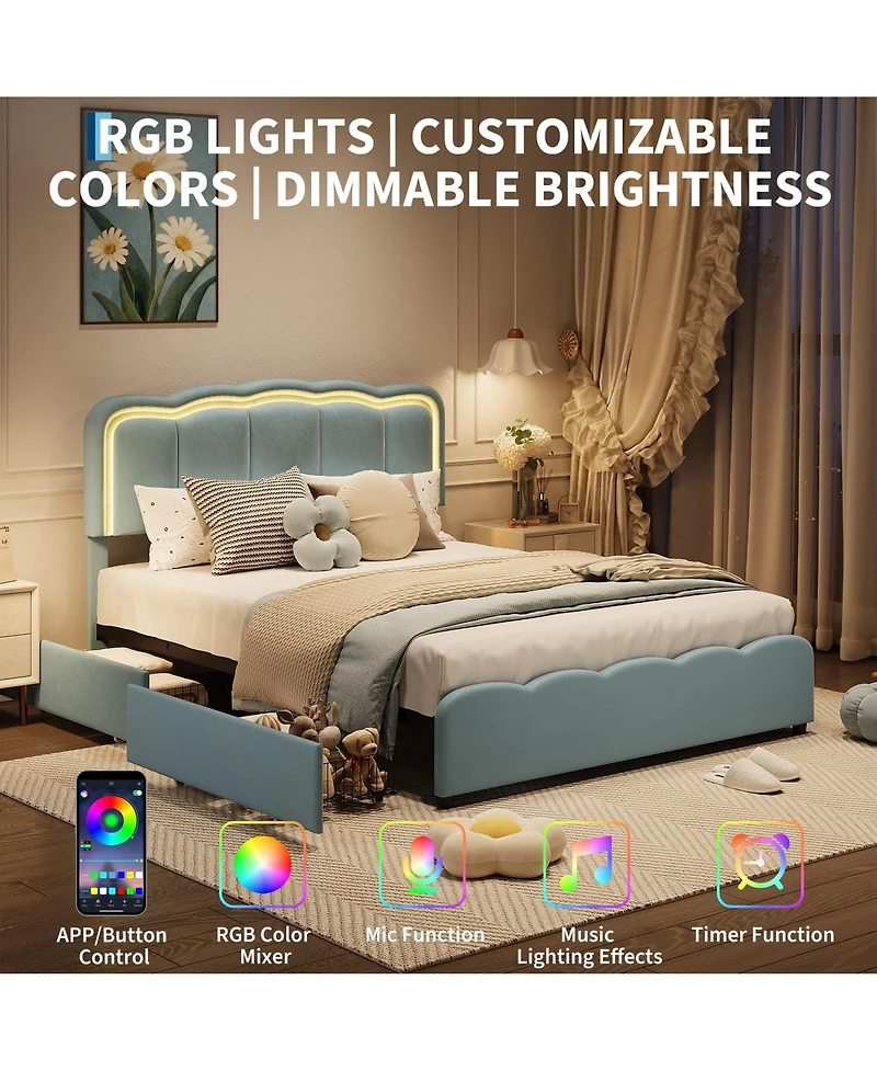 homfan Upholstered Platform Bed Frame, Full Frame with Led Lights, Adjustable Headboard, 2 Storage Drawers, No Box Spring Needed, Easy Assembly
