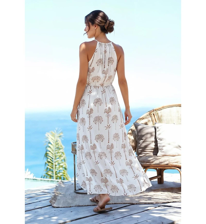 Lascana Women's Palm Print High Neck Maxi Dress