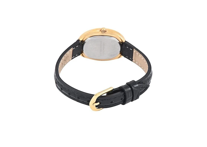 Peugeot Women's 14K Gold-Plated Petite Oval Dial with Thin Glossy Black Leather Strap