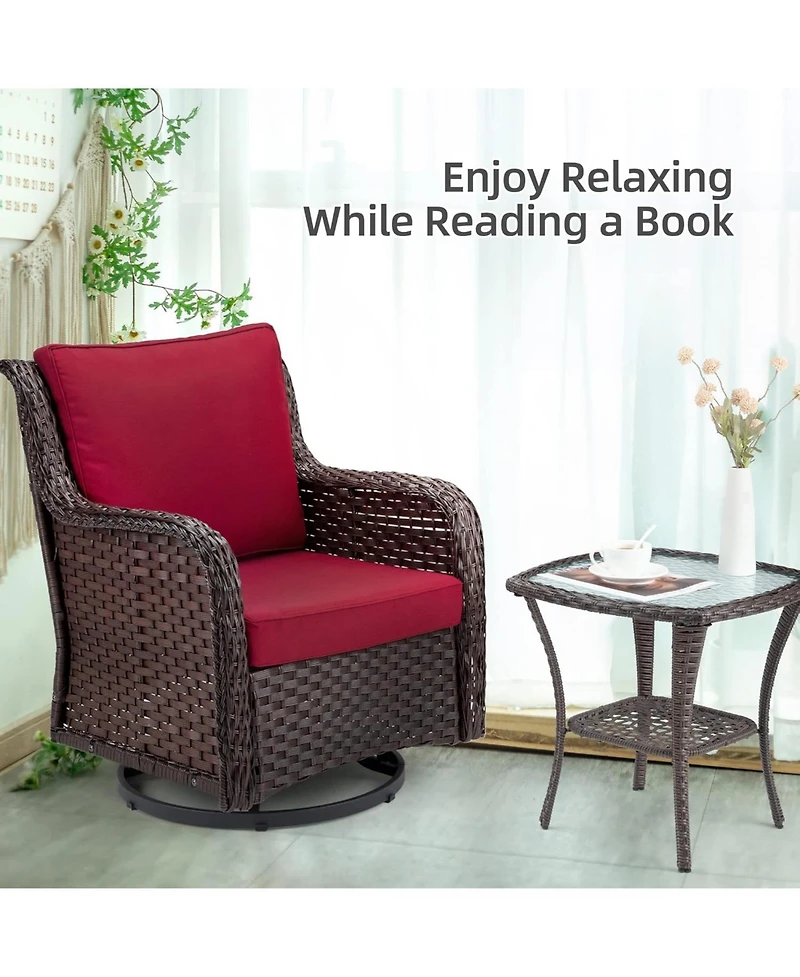 homfan Piece Outdoor Wicker Bistro Set, Swivel Rocker Chairs with Cushions and Glass Table for Patio or Garden
