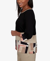 Alfred Dunner Women's Travel Advisory Spliced Patchwork Woven Top