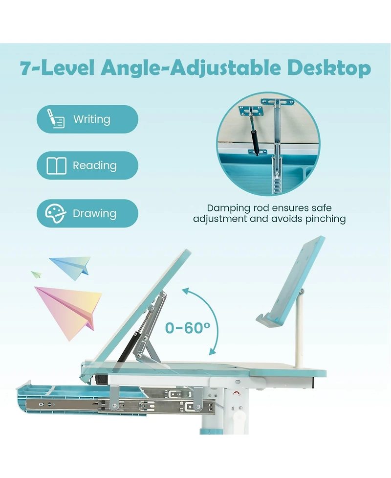 Height-Adjustable Kids Desk Children Study Table with Tilt Desktop & Book Stand