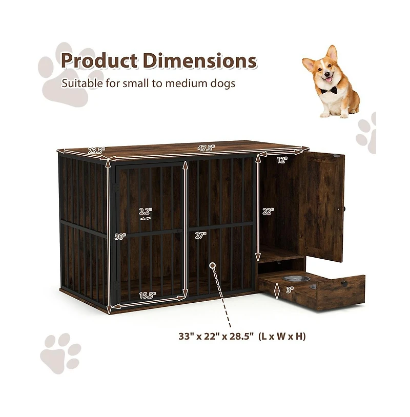 Ruie Dog Crate Furniture End Table with Hidden Pull-Out Feeder Bowls