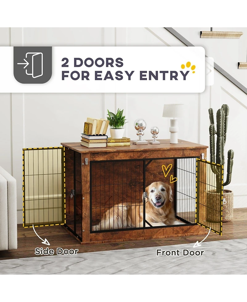 Ruie Dog Crate Furniture End Table with Flip-Up Top and Two Doors