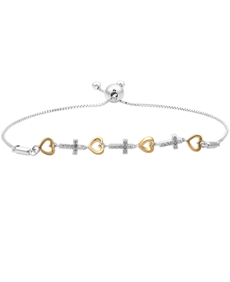 Diamond Heart & Cross Bolo Bracelet (1/6 ct. t.w.) in Sterling Silver & Gold-Plated Sterling Silver