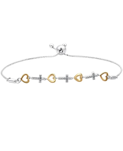 Diamond Heart & Cross Bolo Bracelet (1/6 ct. t.w.) in Sterling Silver & Gold-Plated Sterling Silver