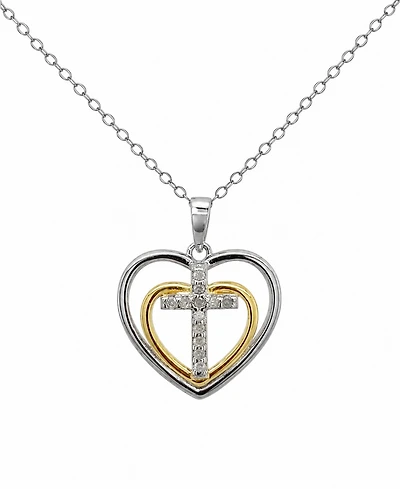 Diamond Double Heart Cross Pendant Necklace (1/10 ct. t.w.) in Sterling Silver & 14k Gold-plated Sterling Silver